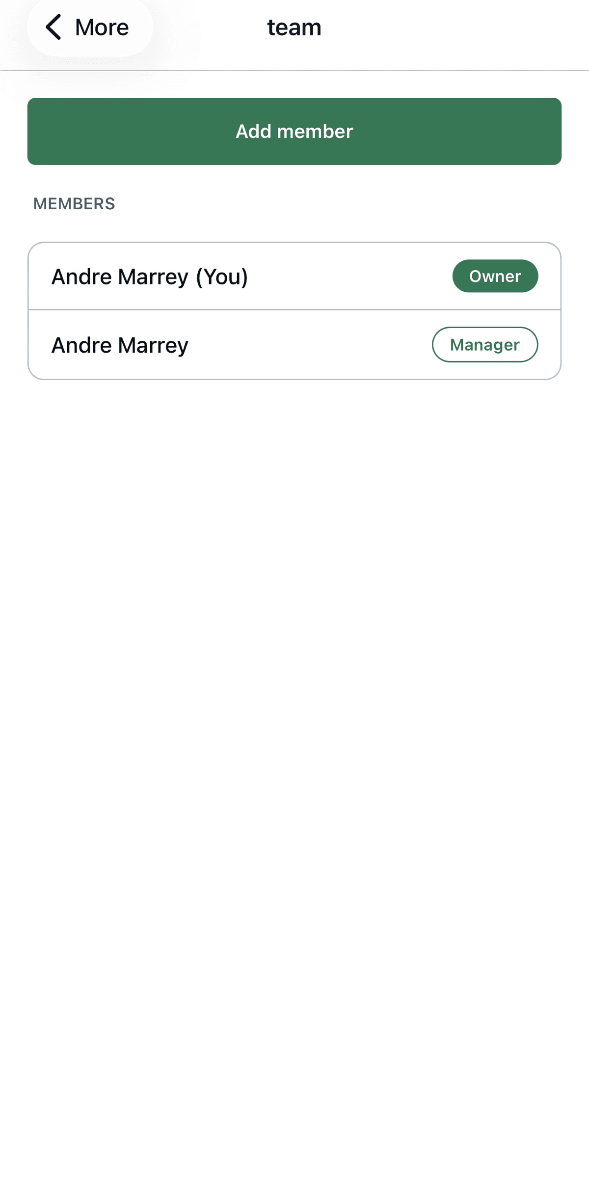 Mozin team management screen